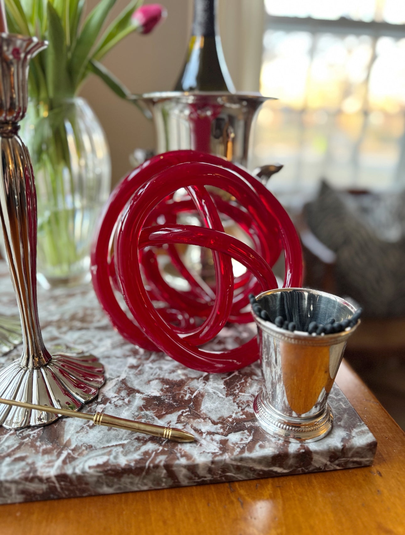 Red Art Glass Knot Sculpture