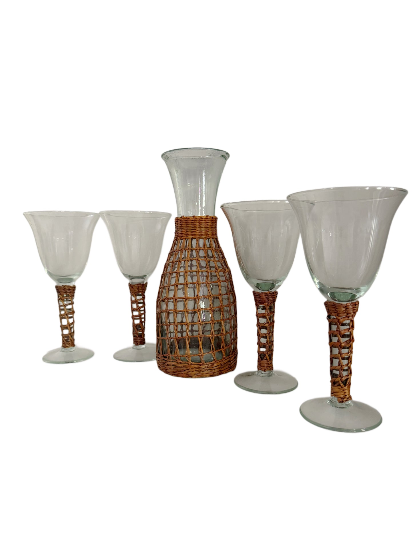 Rattan Wrapped Wine Glasses & Carafe Set