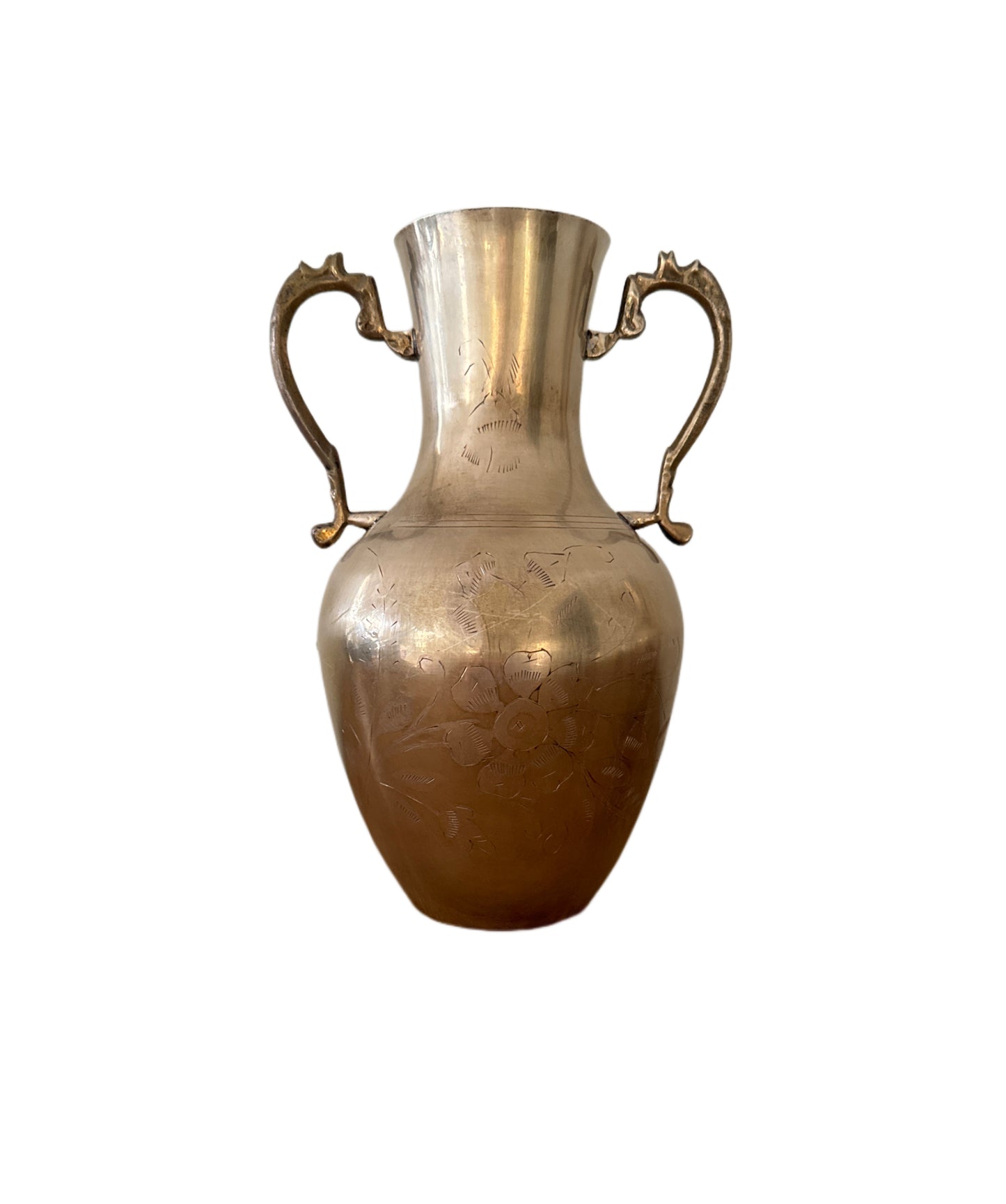 Pair of Vintage Brass Vases with Etched Floral Design