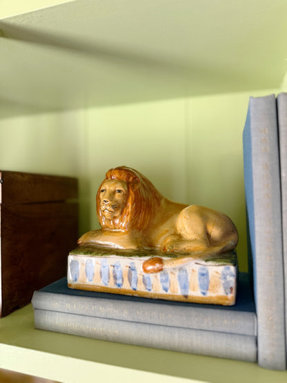 Antique Victorian Staffordshire Lion Pair on Cushions
