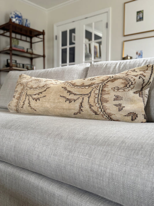 Vintage Turkish Kilim Lumbar Pillow, Cream