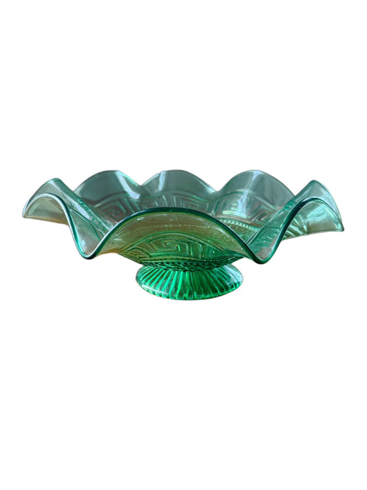 Greek Key Green Ruffled Glass Pedestal Bowl