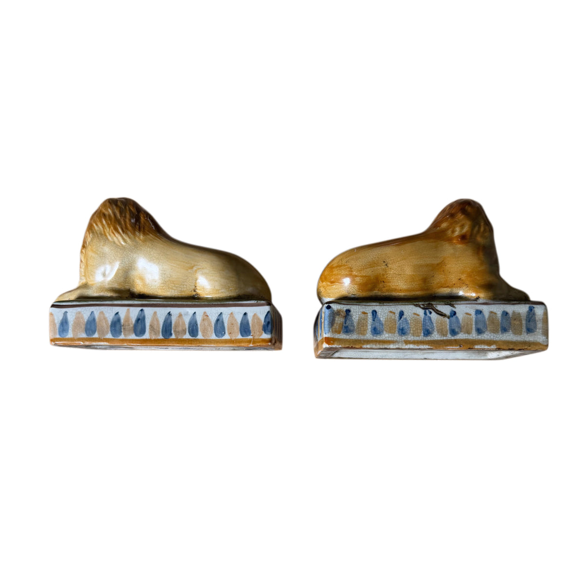 Antique Victorian Staffordshire Lion Pair on Cushions