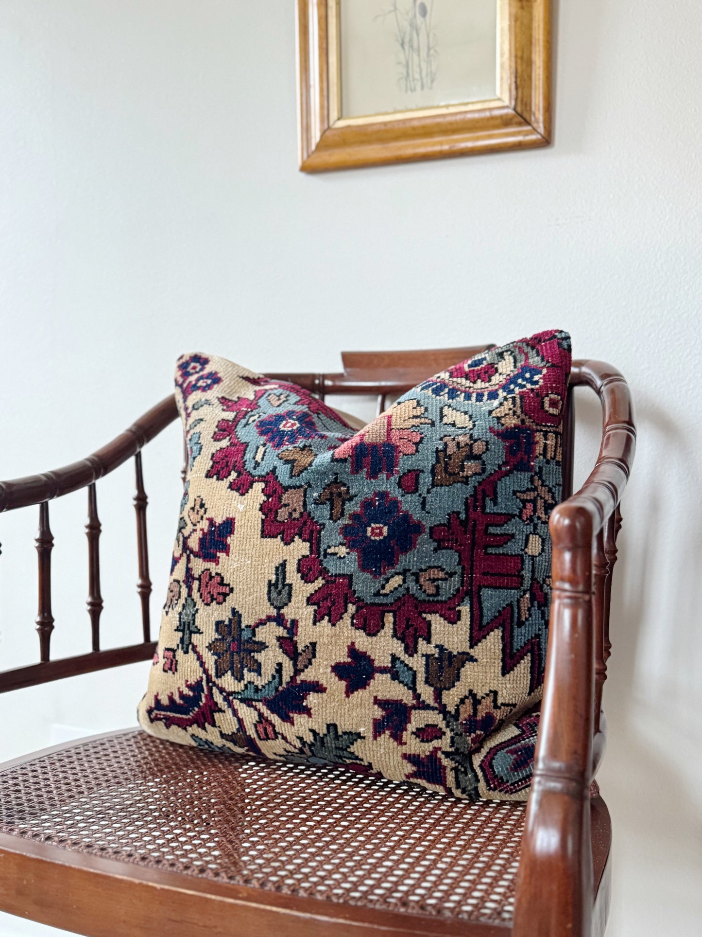 Vintage Turkish Kilim Pillow, Floral Jewel