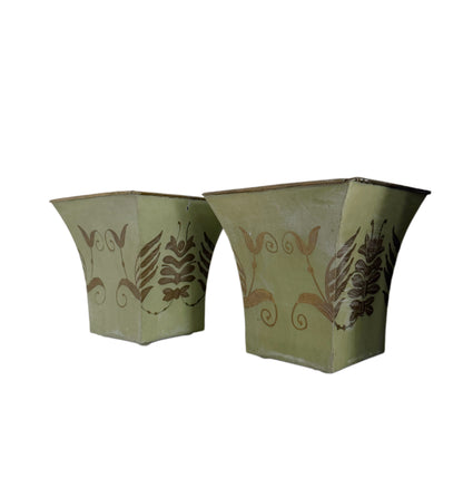 Vintage Tole Hand Painted Green Planter, Pair