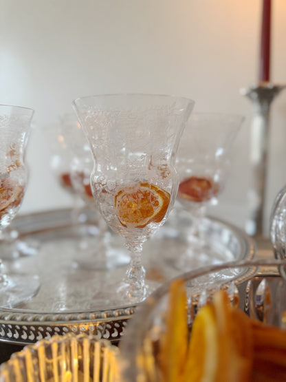 Etched Crystal Cambridge Portia Glasses, Set of 7