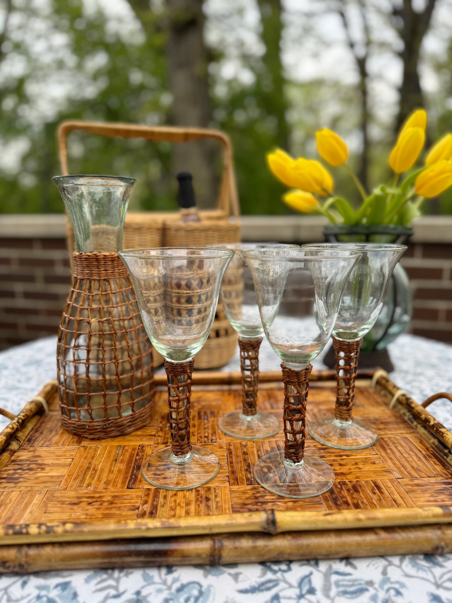 Wicker Wrapped Wine Glasses & Carafe Set