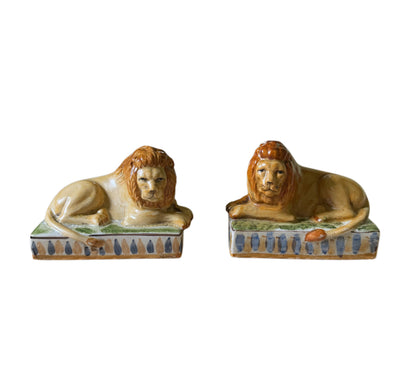 Antique Victorian Staffordshire Lion Pair on Cushions