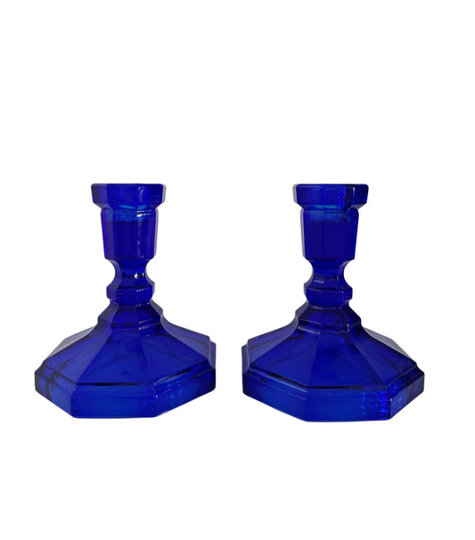 Pair of Cobalt Blue Glass Candlestick Holders