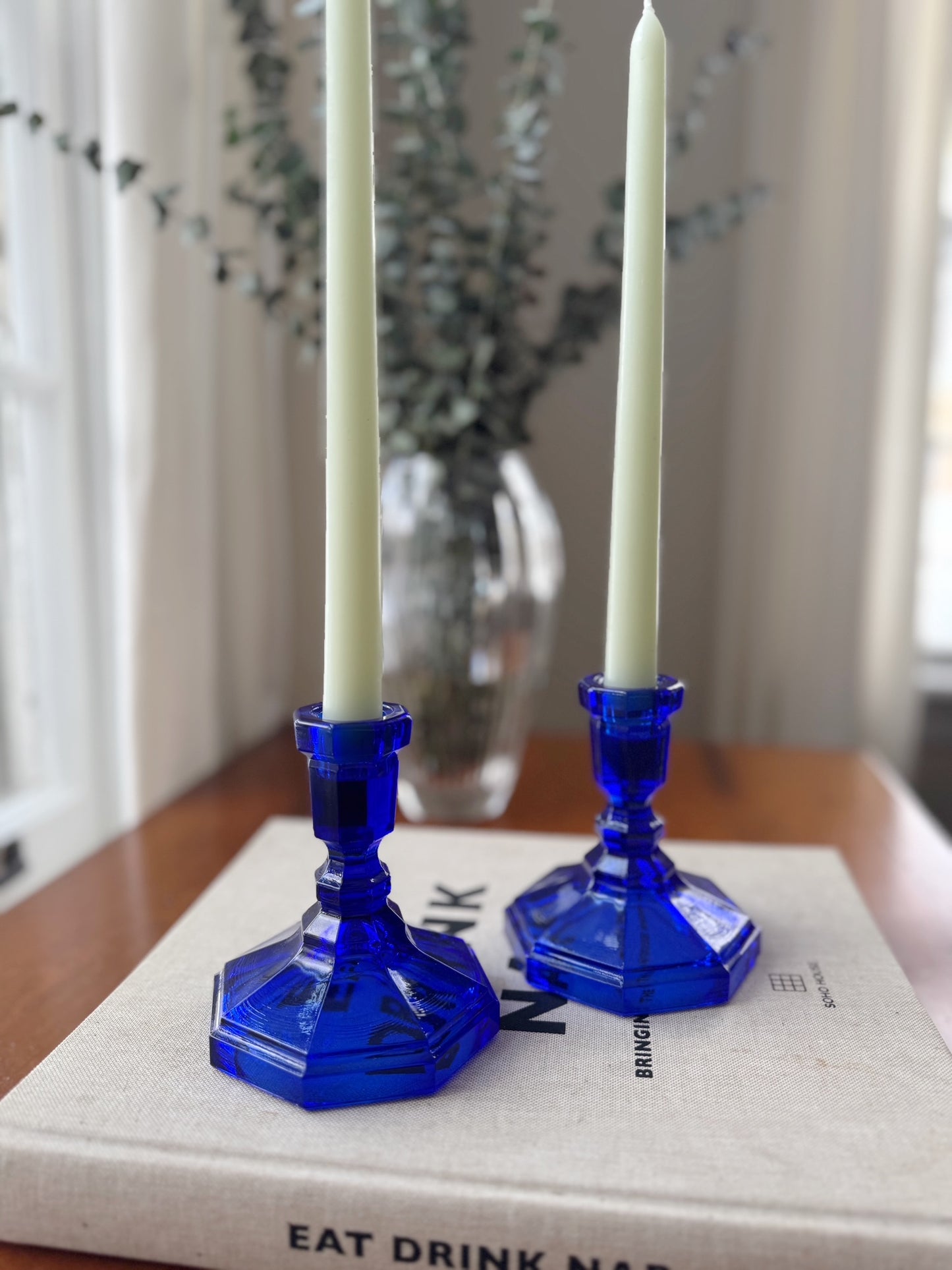 Pair of Cobalt Blue Glass Candlestick Holders