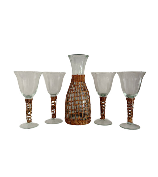 Wicker Wrapped Wine Glasses & Carafe Set