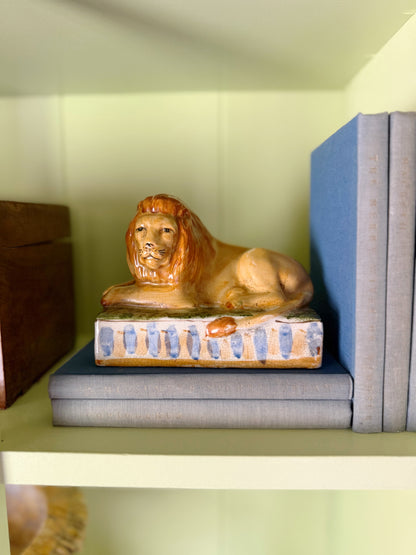 Antique Victorian Staffordshire Lion Pair on Cushions