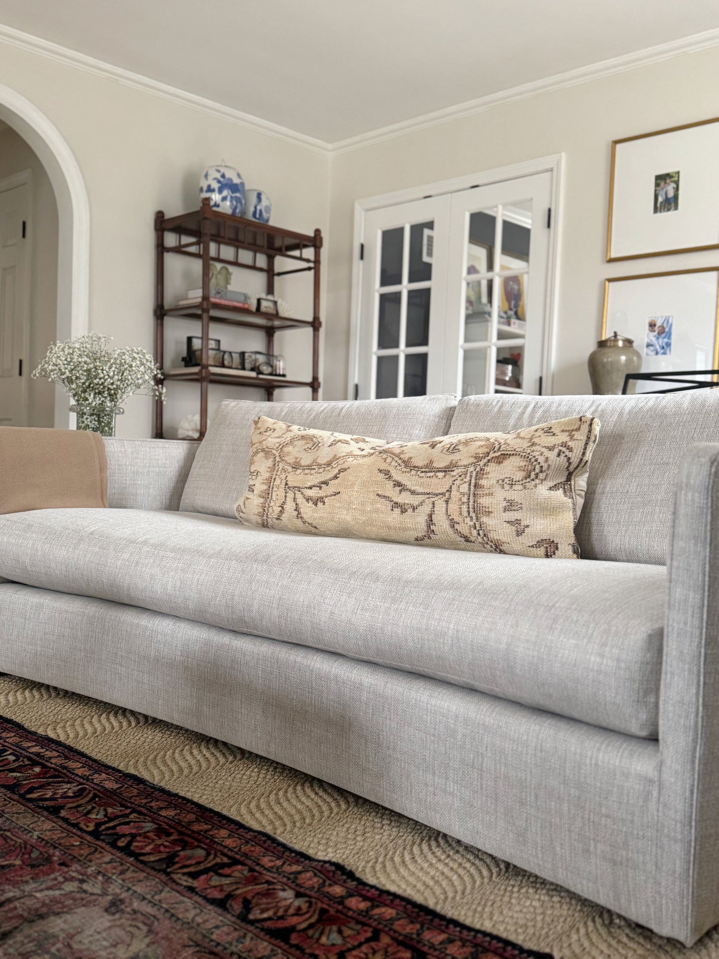 Vintage Turkish Kilim Lumbar Pillow, Cream