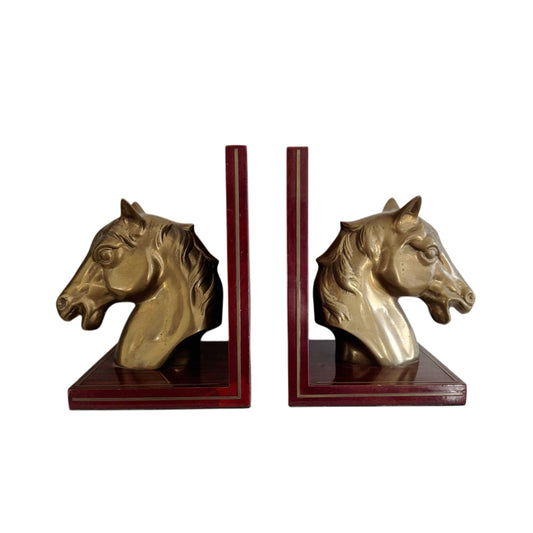 Pair of Horse Brass Cherry Wood Bookends