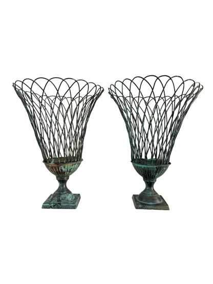 Verdigris Metal Planters, Pair