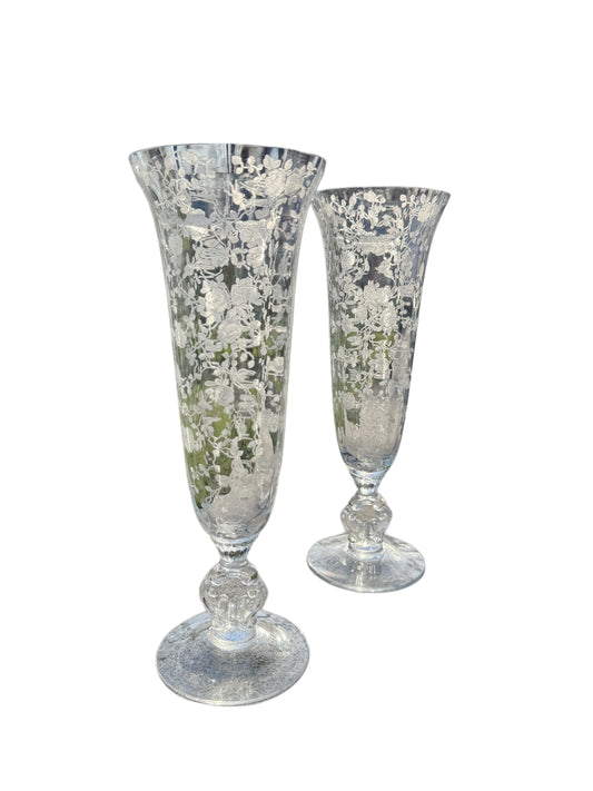 Cambridge Glass Rose Point Crystal Footed Vase, 2 available