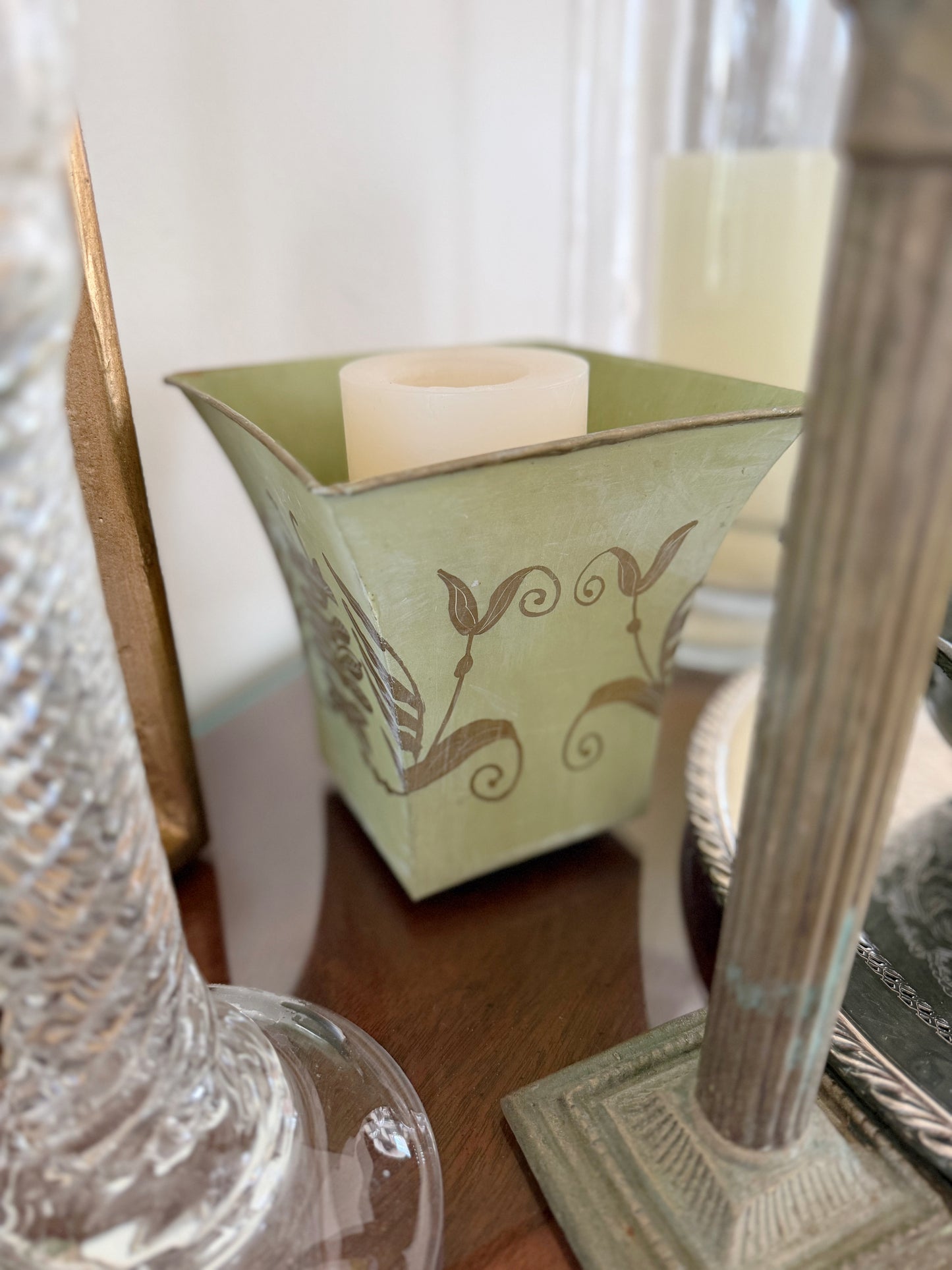 Vintage Tole Hand Painted Green Planter, Pair
