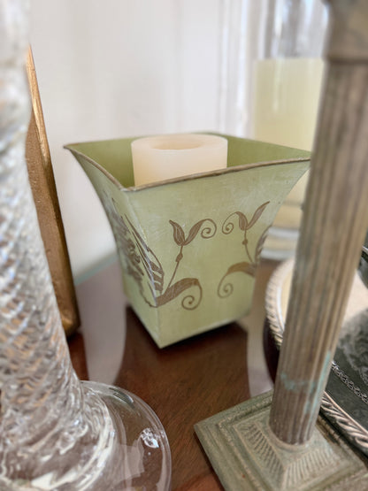 Vintage Tole Hand Painted Green Planter, Pair