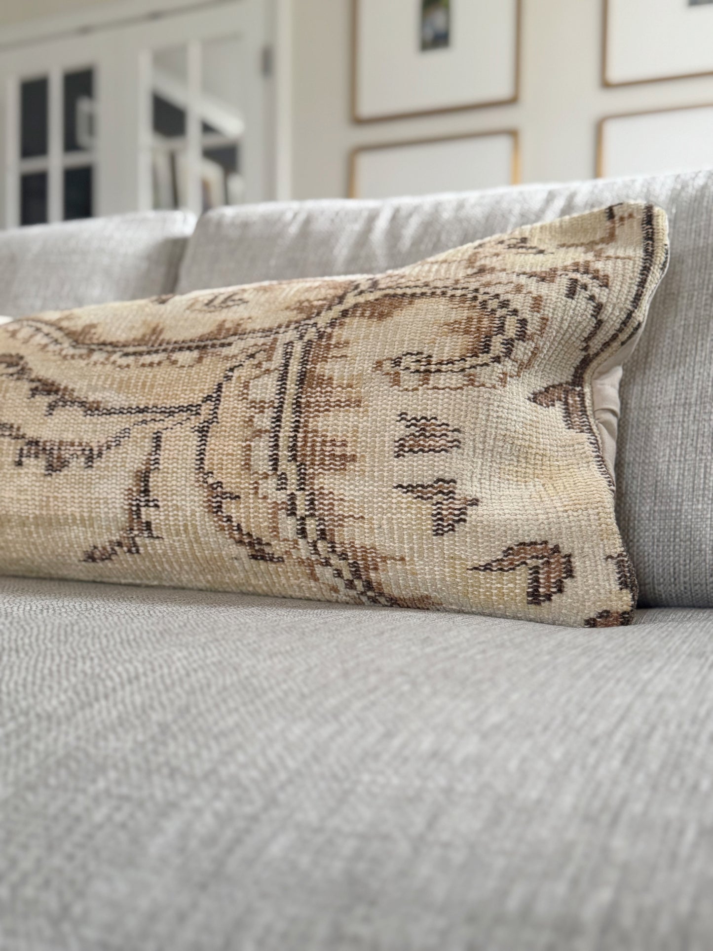 Vintage Turkish Kilim Lumbar Pillow, Cream