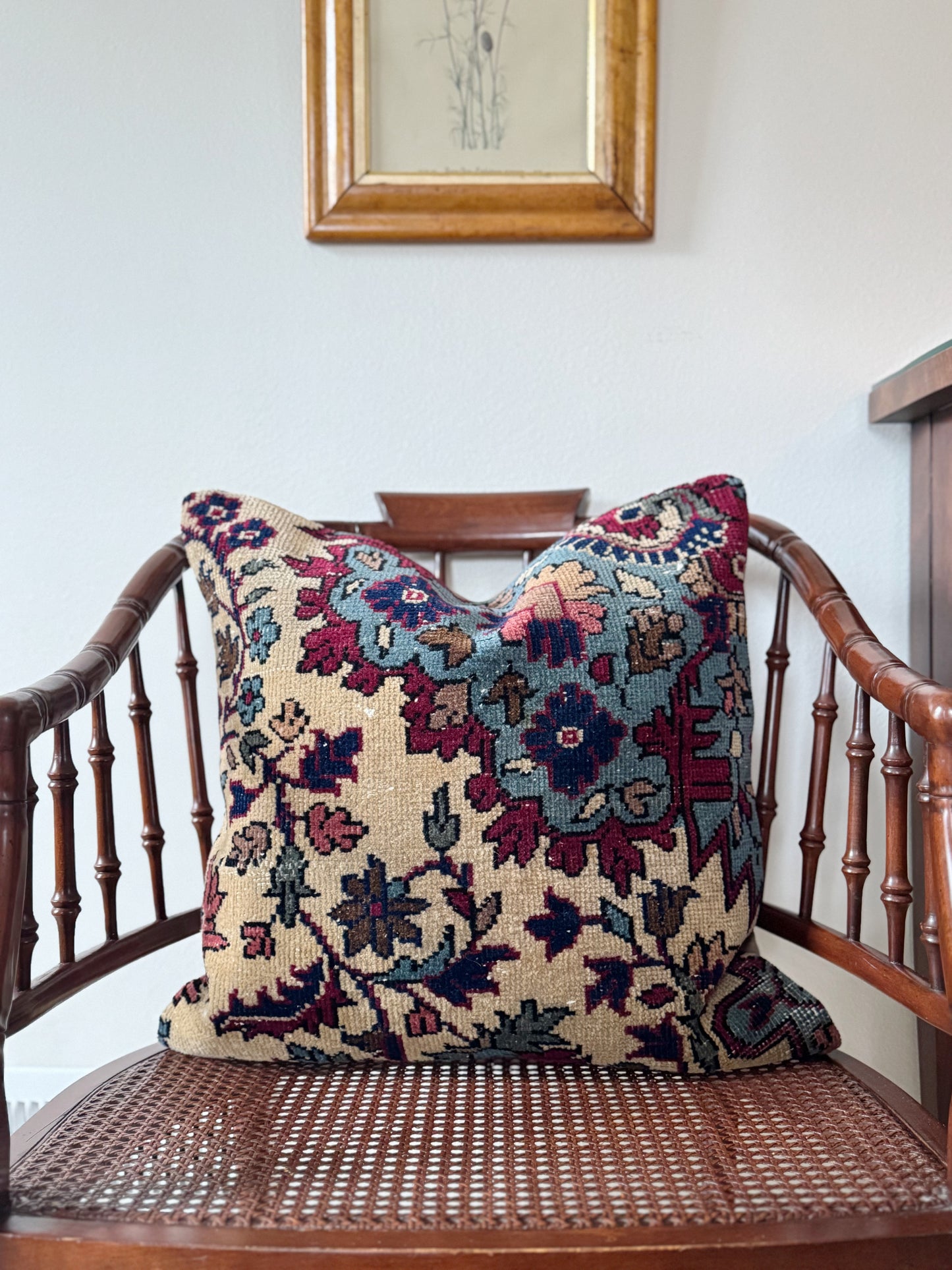 Vintage Turkish Kilim Pillow, Floral Jewel