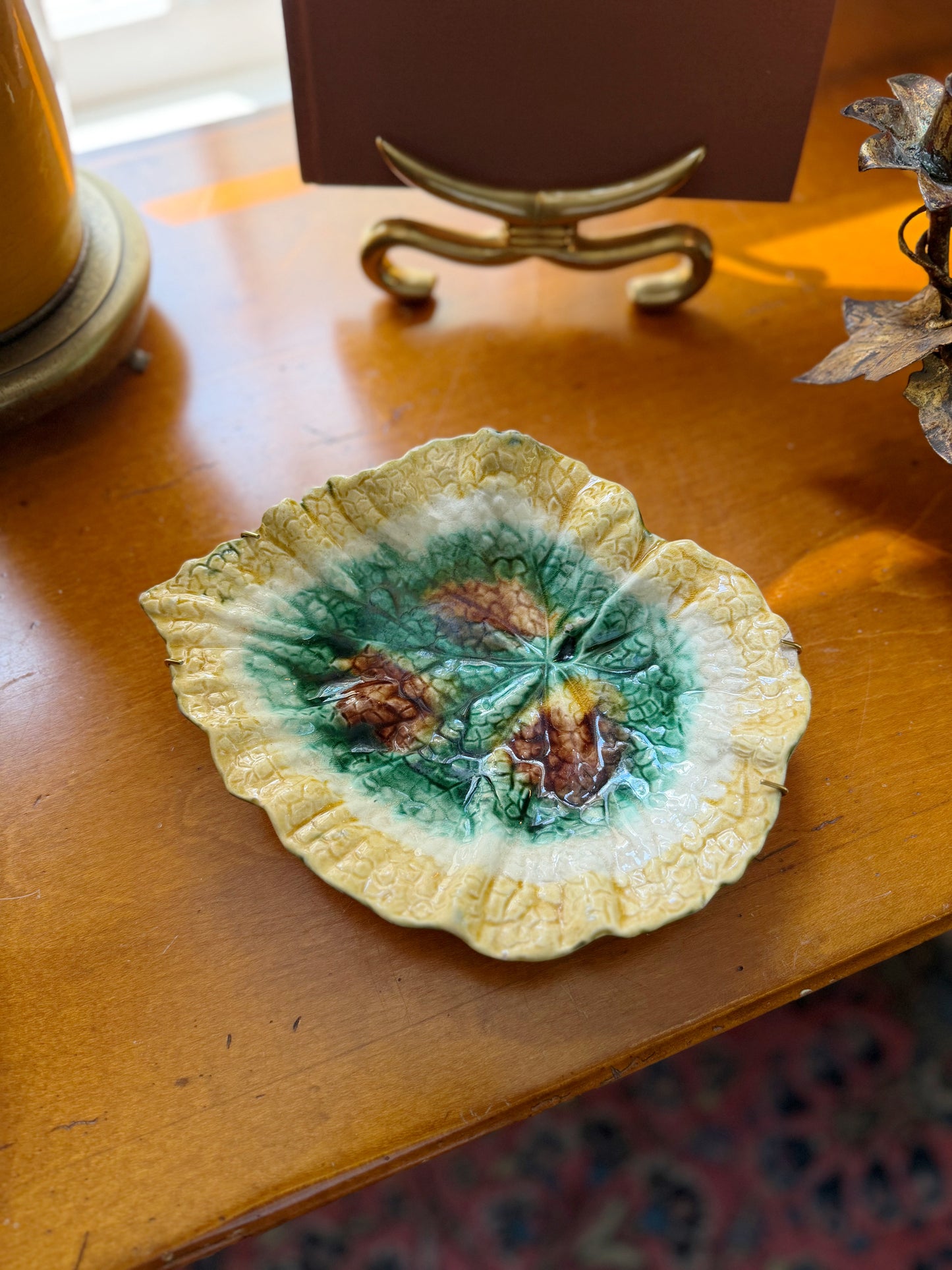 Antique Majolica Leaf Plate, Yellow
