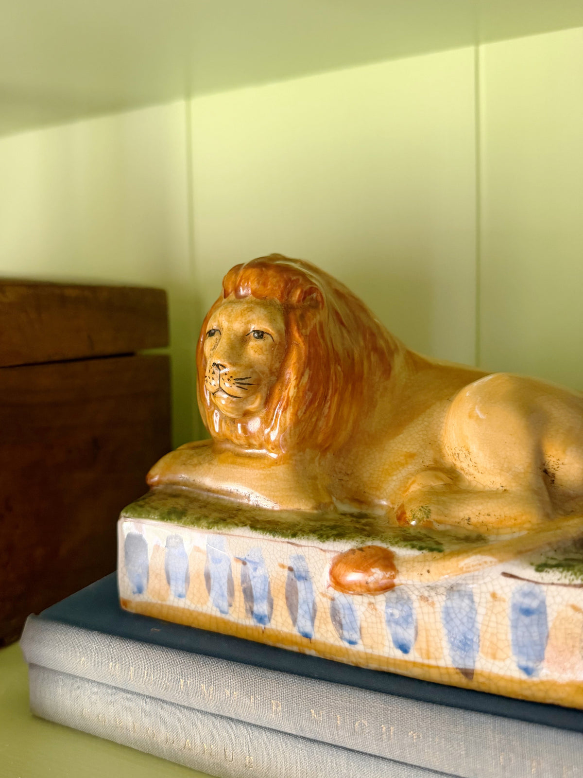 Antique Victorian Staffordshire Lion Pair on Cushions