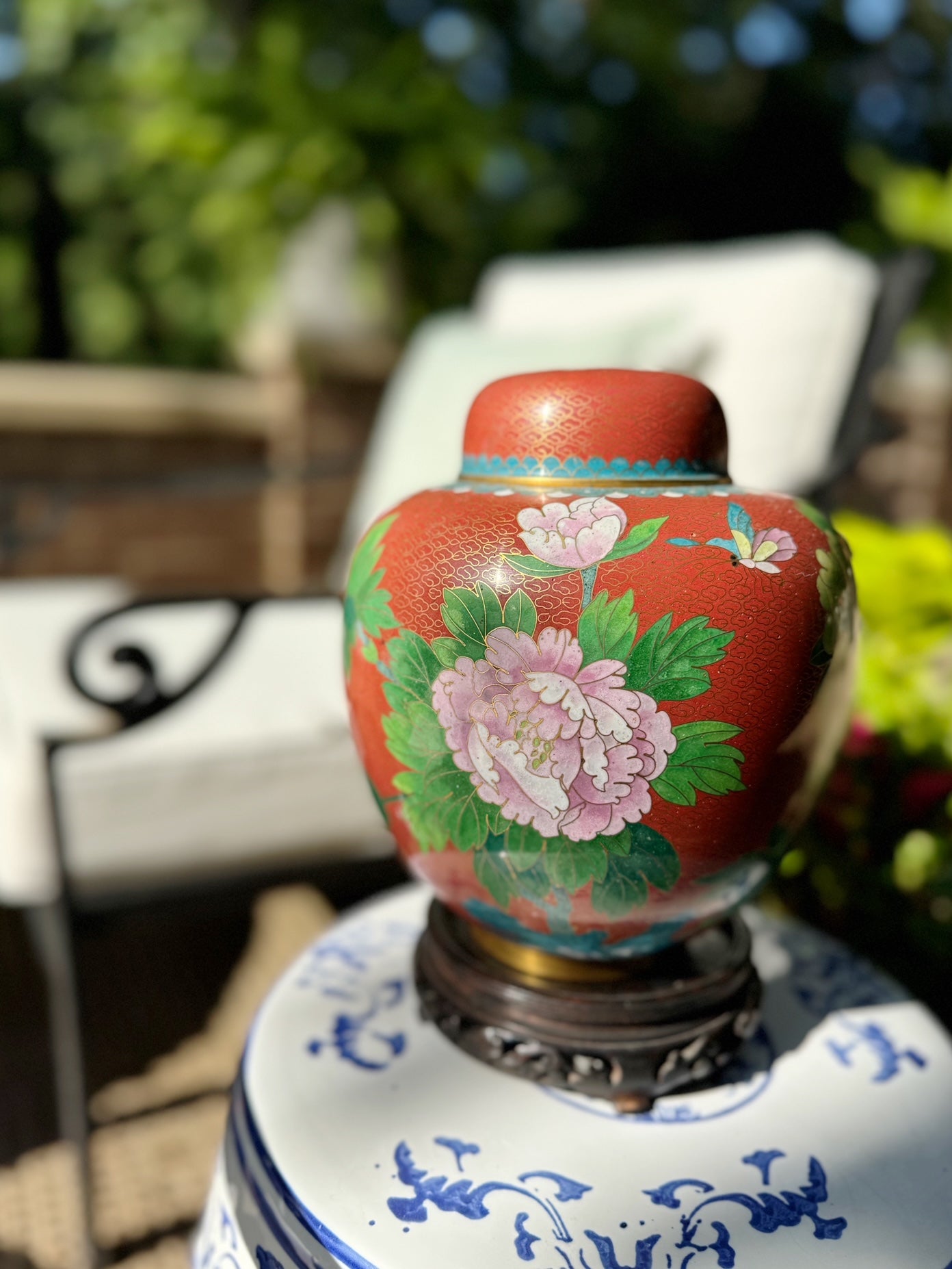Chinese Floral Cloisonne Ginger Jar with Stand