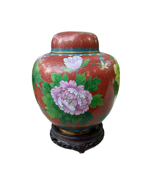 Chinese Floral Cloisonne Ginger Jar with Stand