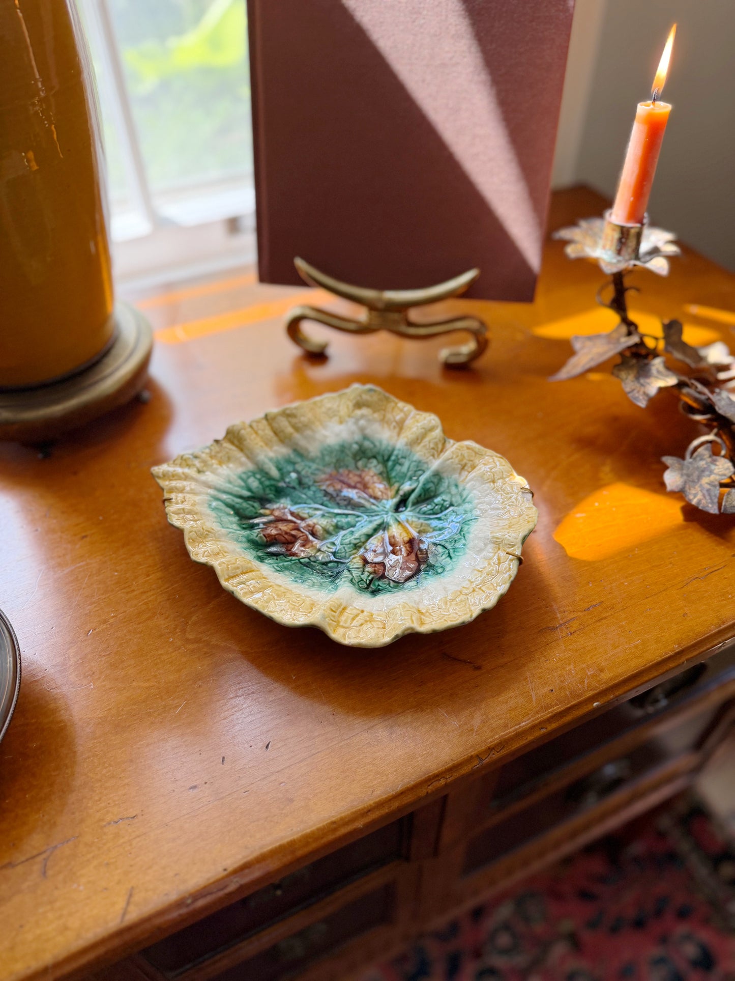 Antique Majolica Leaf Plate, Yellow
