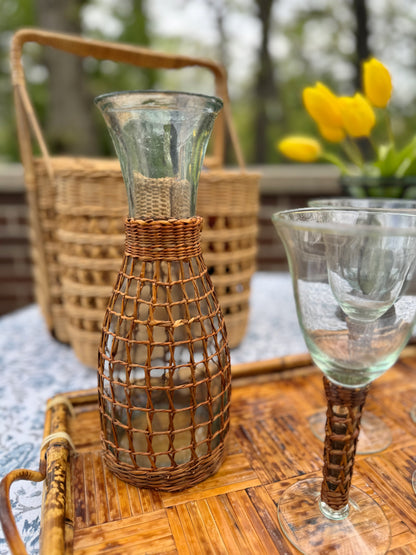 Wicker Wrapped Wine Glasses & Carafe Set