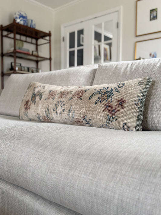 Vintage Turkish Kilim Lumbar Pillow, Floral