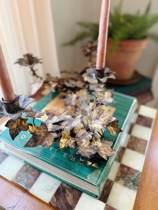 Italian Gilt Tole Leaf Candelabra, Pair