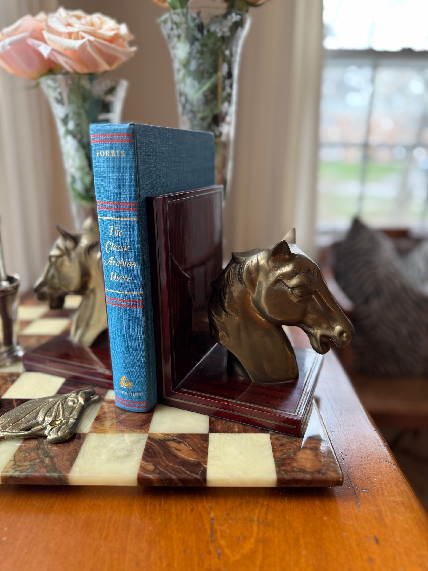 Pair of Horse Brass Cherry Wood Bookends