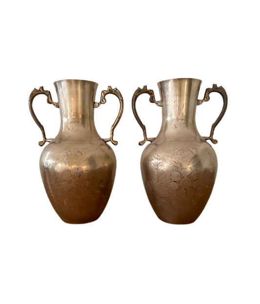 Pair of Vintage Brass Vases with Etched Floral Design
