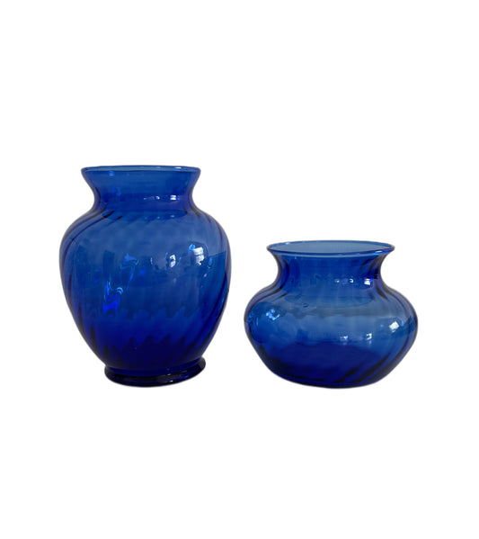 Vintage Cobalt Blue Glass Swirl Vases - Set of 2